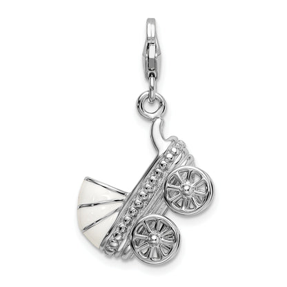 Sterling Silver Amore La Vita Rhodium-Plated Polished 3-D Enameled Baby Carriage Charm With Fancy Lobster Clasp