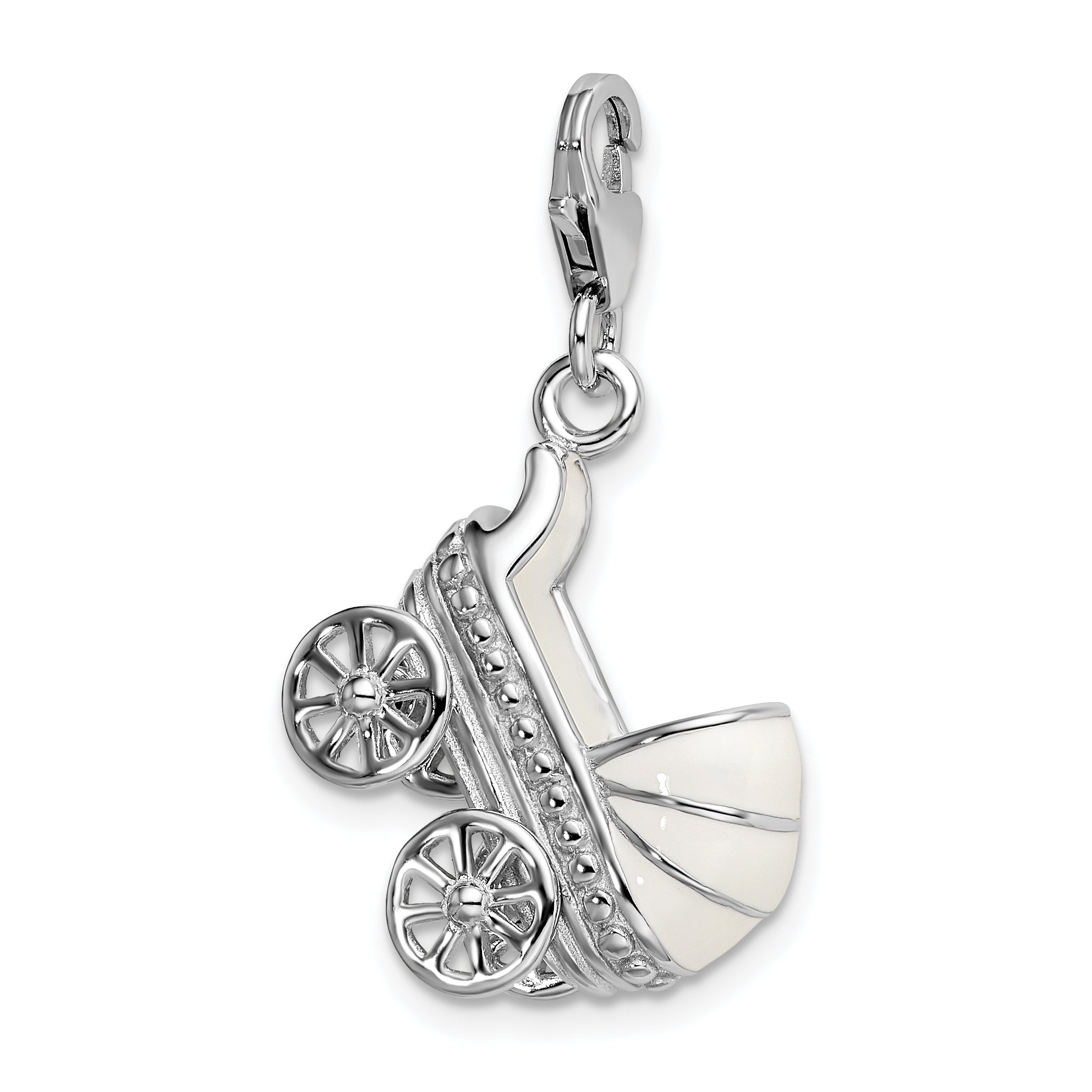 Sterling Silver Amore La Vita Rhodium-Plated Polished 3-D Enameled Baby Carriage Charm With Fancy Lobster Clasp
