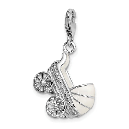 Sterling Silver Amore La Vita Rhodium-Plated Polished 3-D Enameled Baby Carriage Charm With Fancy Lobster Clasp