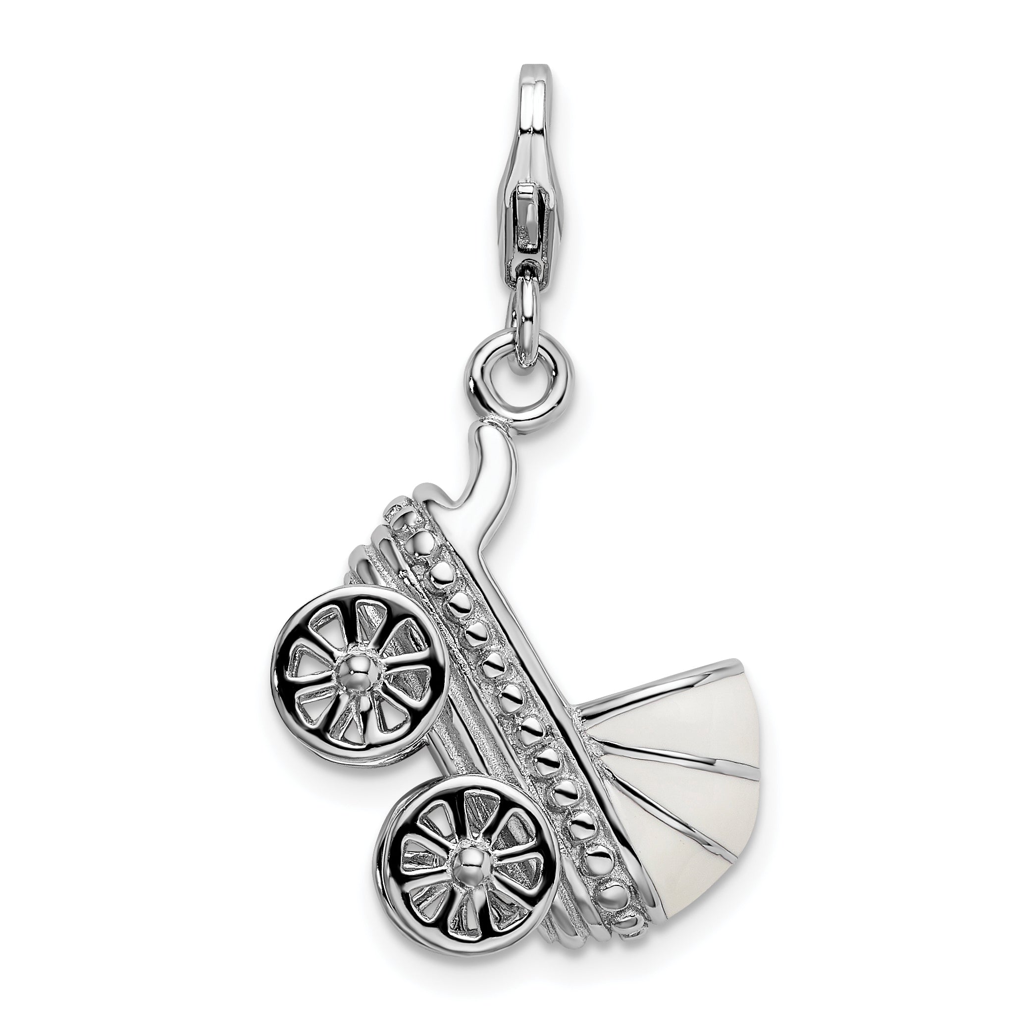 Sterling Silver Amore La Vita Rhodium-Plated Polished 3-D Enameled Baby Carriage Charm With Fancy Lobster Clasp