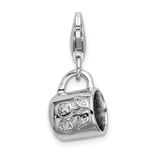 Sterling Silver Amore La Vita Rhodium-Plated Polished 3-D Baby Cup Charm With Fancy Lobster Clasp