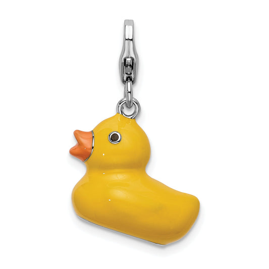 Sterling Silver Amore La Vita Rhodium-Plated Polished 3-D Enameled Duck Charm With Fancy Lobster Clasp