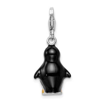 Sterling Silver Amore La Vita Rhodium-Plated Polished 3-D Enameled Penguin Charm With Fancy Lobster Clasp
