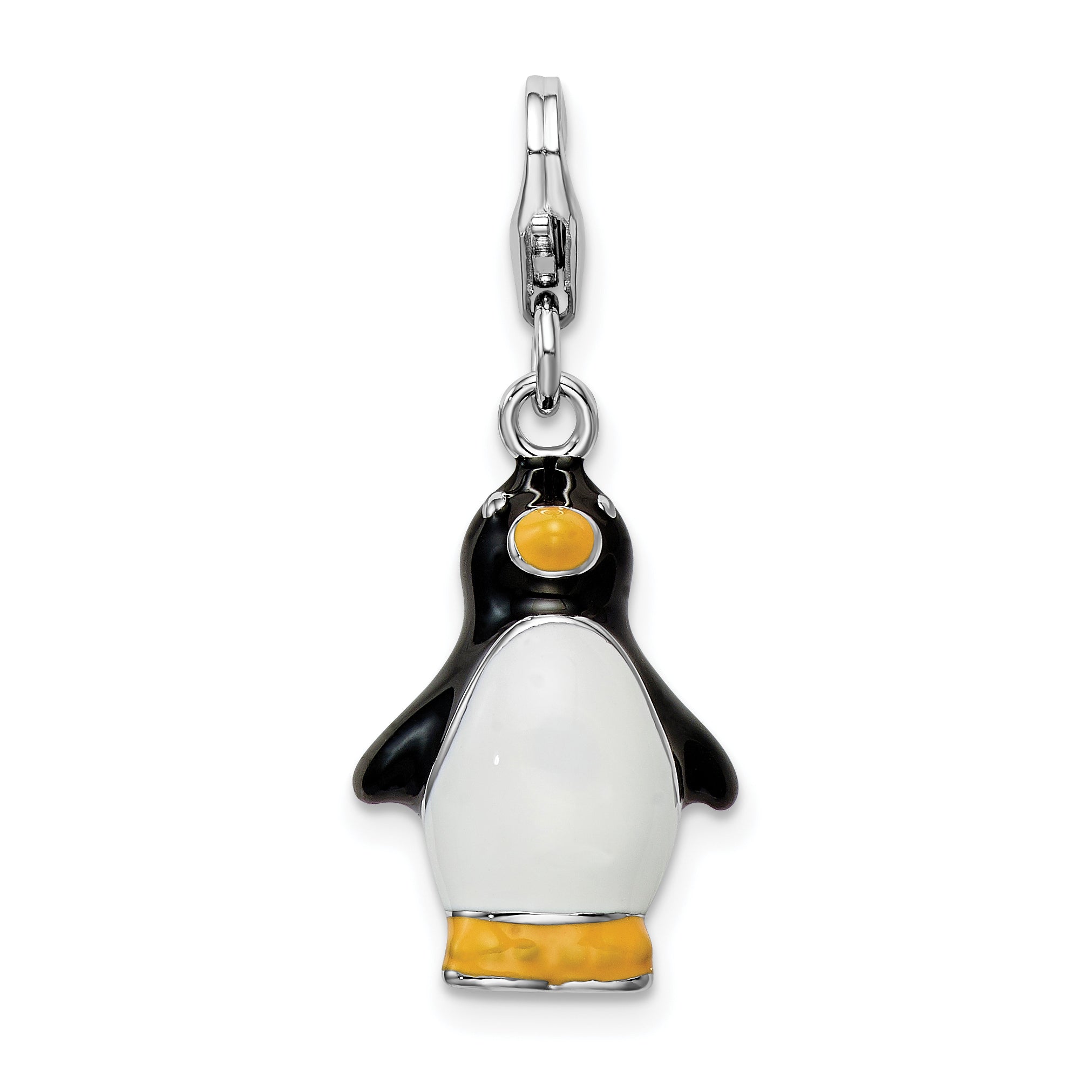 Sterling Silver Amore La Vita Rhodium-Plated Polished 3-D Enameled Penguin Charm With Fancy Lobster Clasp