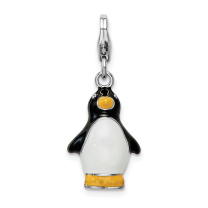 Sterling Silver Amore La Vita Rhodium-Plated Polished 3-D Enameled Penguin Charm With Fancy Lobster Clasp