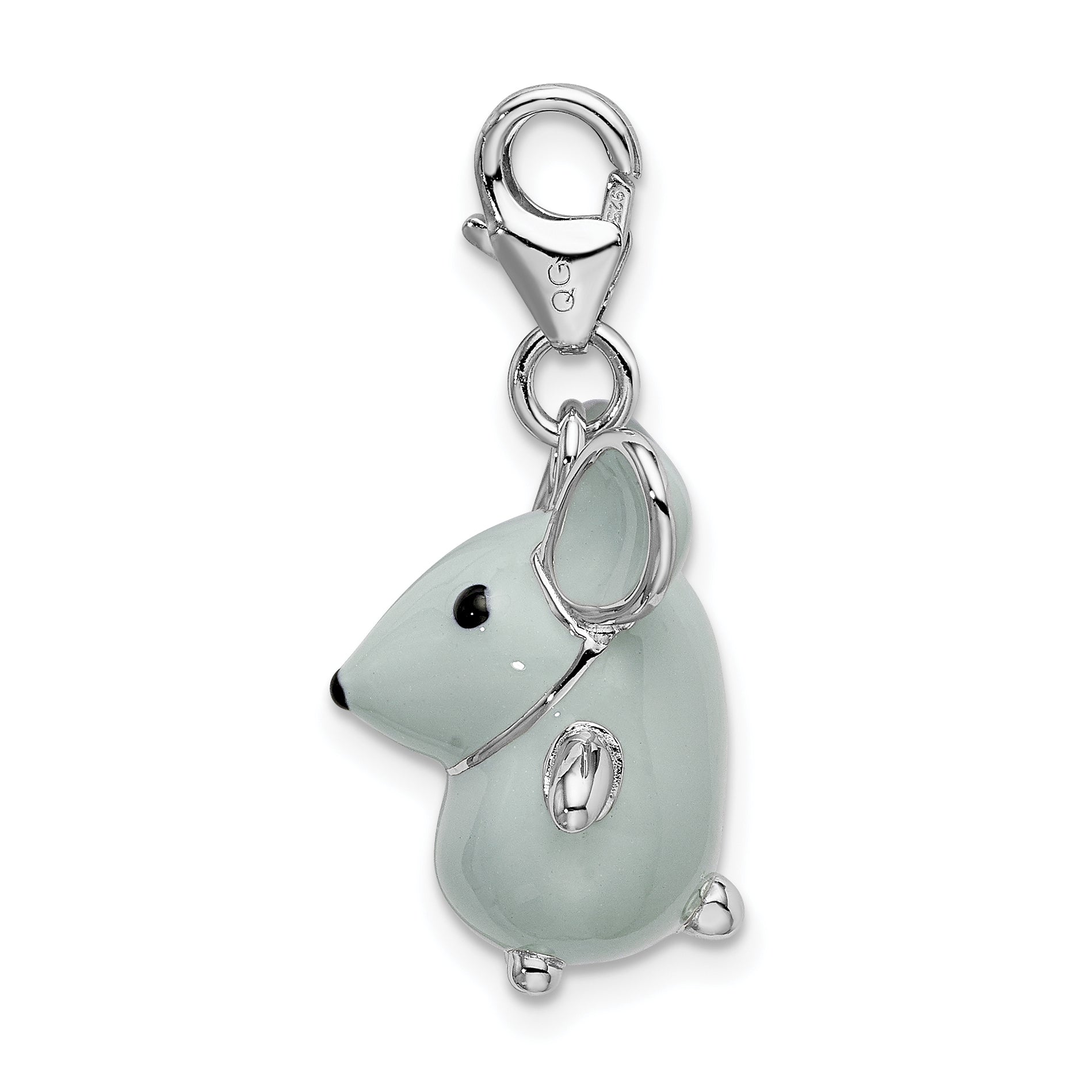 Sterling Silver Amore La Vita Rhodium-Plated Polished 3-D Enameled Grey Mouse Charm With Fancy Lobster Clasp