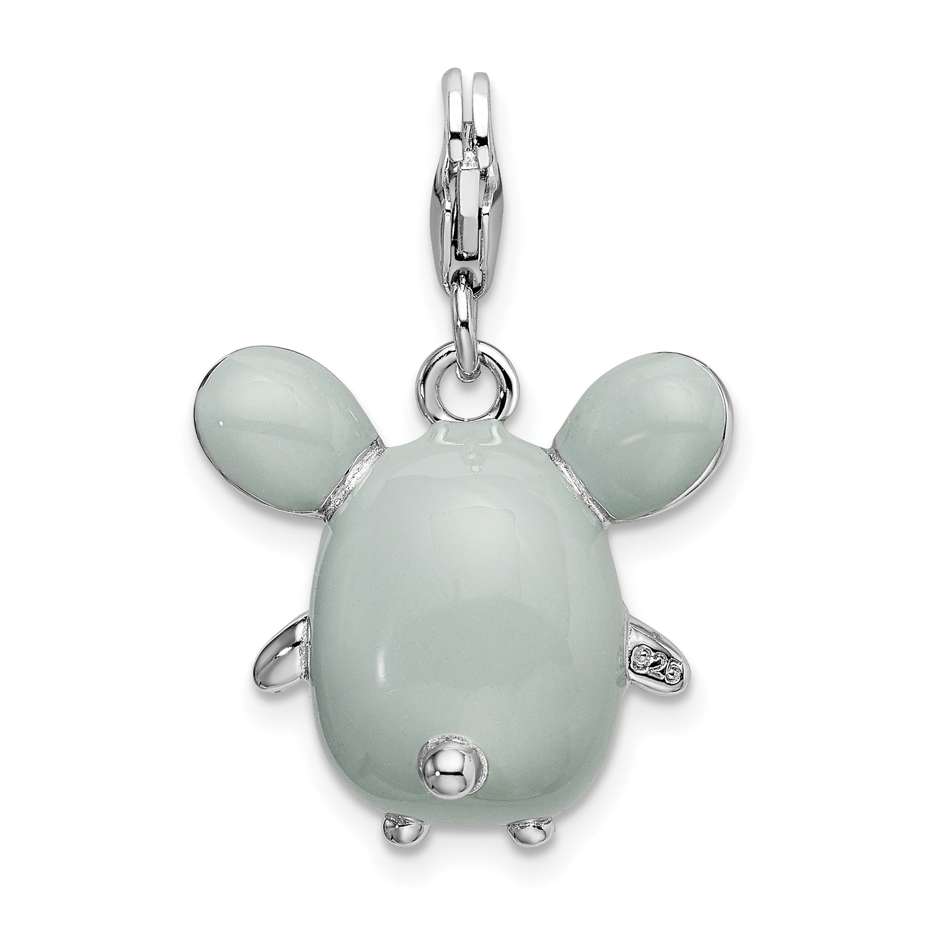 Sterling Silver Amore La Vita Rhodium-Plated Polished 3-D Enameled Grey Mouse Charm With Fancy Lobster Clasp