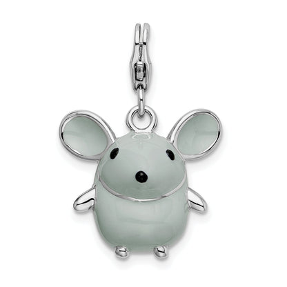 Sterling Silver Amore La Vita Rhodium-Plated Polished 3-D Enameled Grey Mouse Charm With Fancy Lobster Clasp