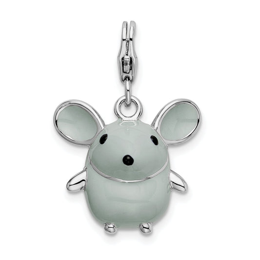 Sterling Silver Amore La Vita Rhodium-Plated Polished 3-D Enameled Grey Mouse Charm With Fancy Lobster Clasp