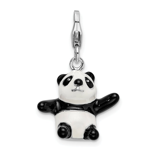 Sterling Silver Amore La Vita Rhodium-Plated Polished 3-D Enameled Panda Charm With Fancy Lobster Clasp
