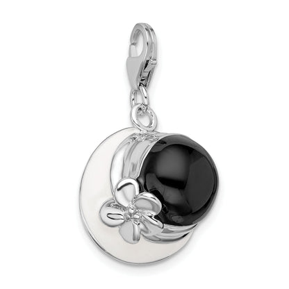 Sterling Silver Amore La Vita Rhodium-Plated Polished 3-D Black And White Enameled Hat Charm With Fancy Lobster Clasp