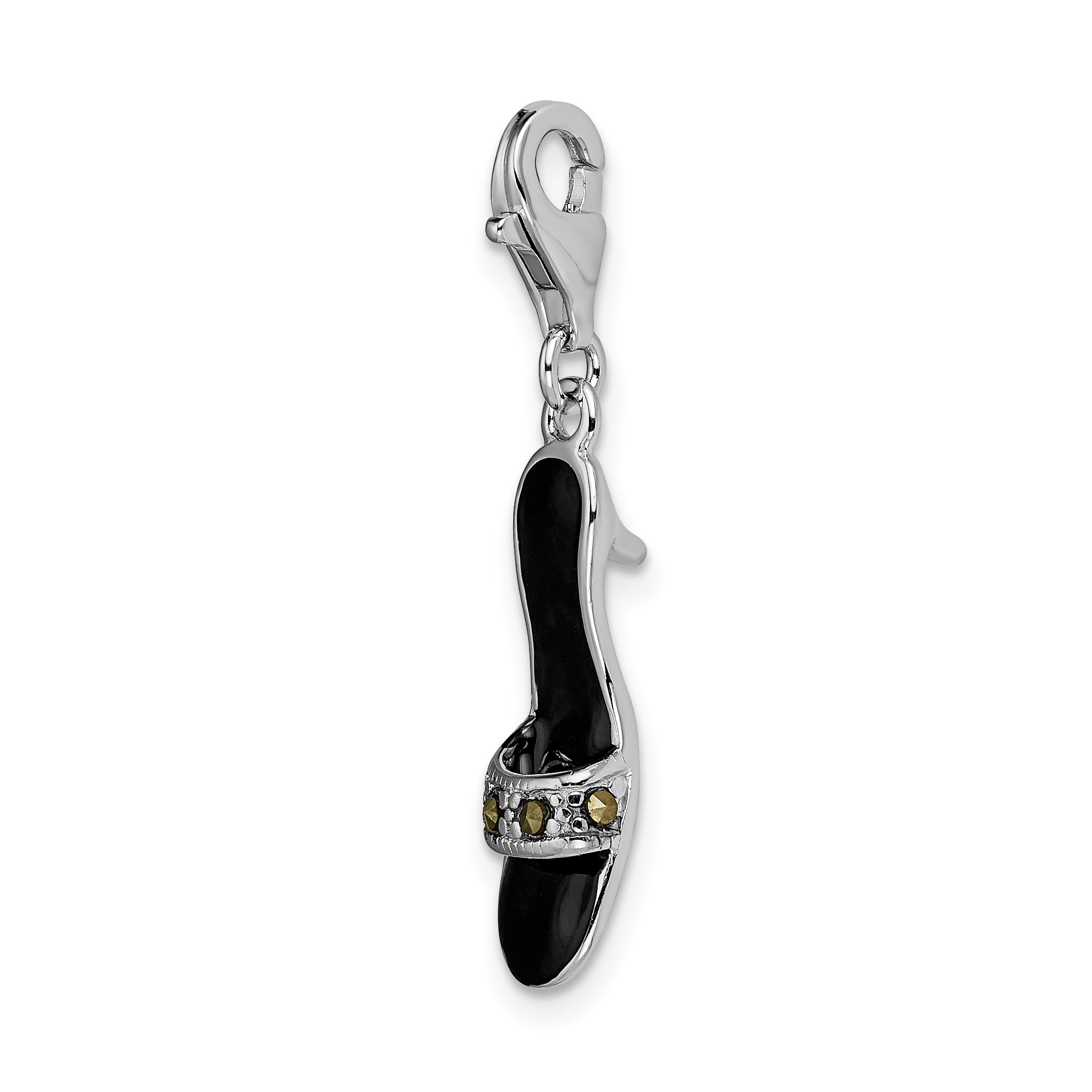 Sterling Silver Amore La Vita Rhodium-Plated Polished 3-D Black Enameled And Marcasite Shoe Charm With Fancy Lobster Clasp