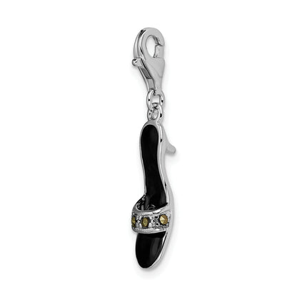 Sterling Silver Amore La Vita Rhodium-Plated Polished 3-D Black Enameled And Marcasite Shoe Charm With Fancy Lobster Clasp