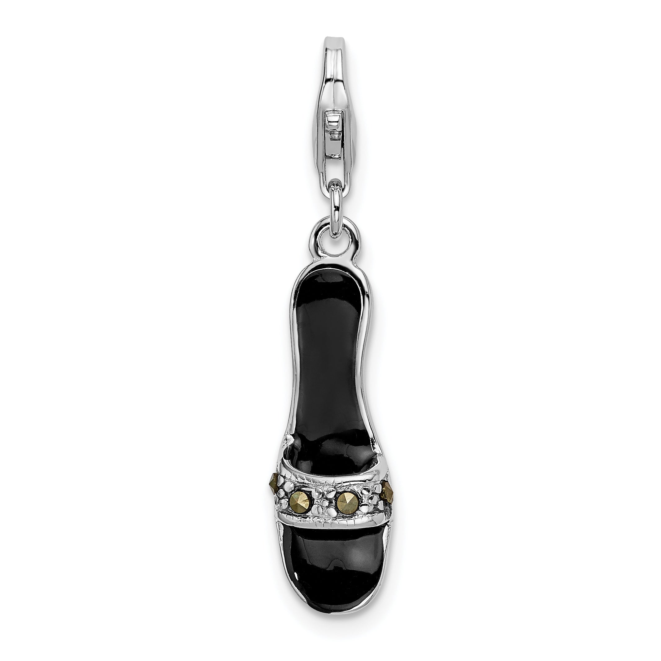 Sterling Silver Amore La Vita Rhodium-Plated Polished 3-D Black Enameled And Marcasite Shoe Charm With Fancy Lobster Clasp