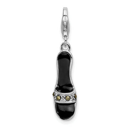 Sterling Silver Amore La Vita Rhodium-Plated Polished 3-D Black Enameled And Marcasite Shoe Charm With Fancy Lobster Clasp
