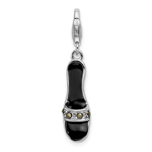 Sterling Silver Amore La Vita Rhodium-Plated Polished 3-D Black Enameled And Marcasite Shoe Charm With Fancy Lobster Clasp
