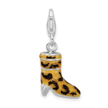 Sterling Silver Amore La Vita Rhodium-Plated Polished 3-D Cz Enameled Leopard Print Boot Charm With Fancy Lobster Clasp