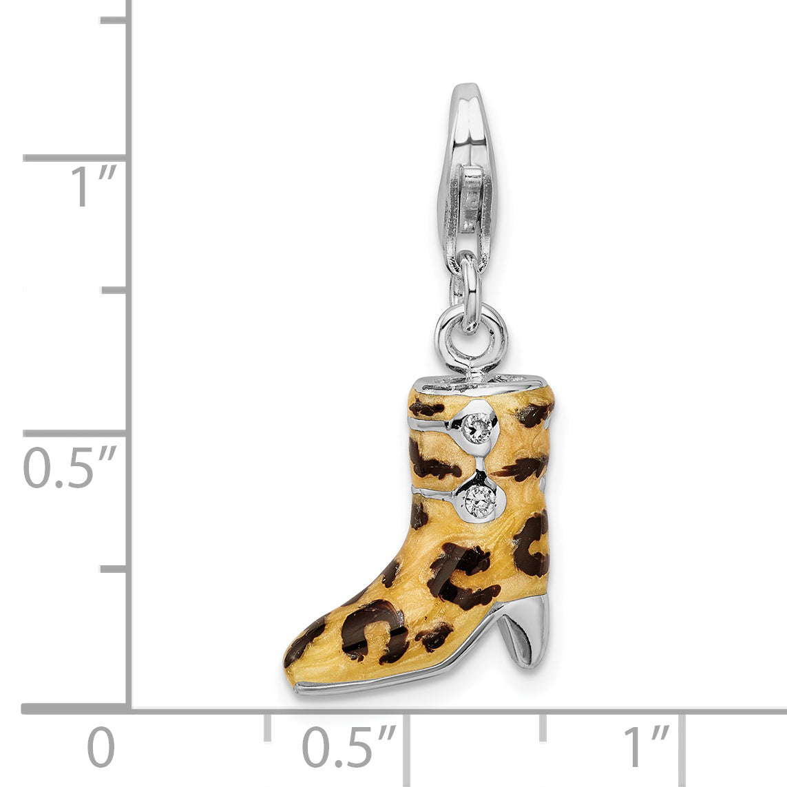 Sterling Silver Amore La Vita Rhodium-Plated Polished 3-D Cz Enameled Leopard Print Boot Charm With Fancy Lobster Clasp