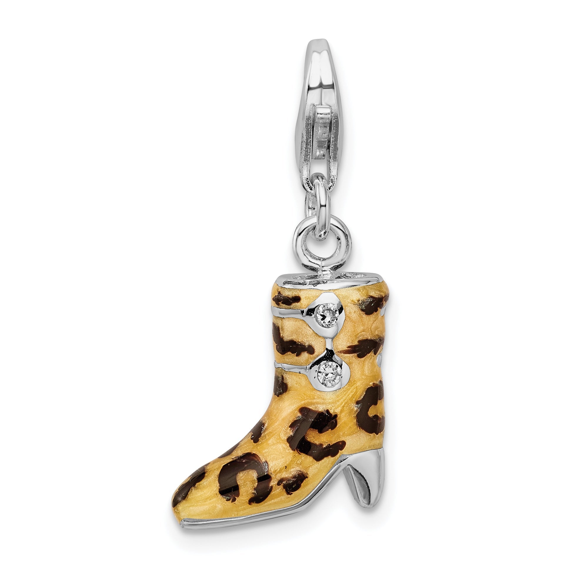 Sterling Silver Amore La Vita Rhodium-Plated Polished 3-D Cz Enameled Leopard Print Boot Charm With Fancy Lobster Clasp