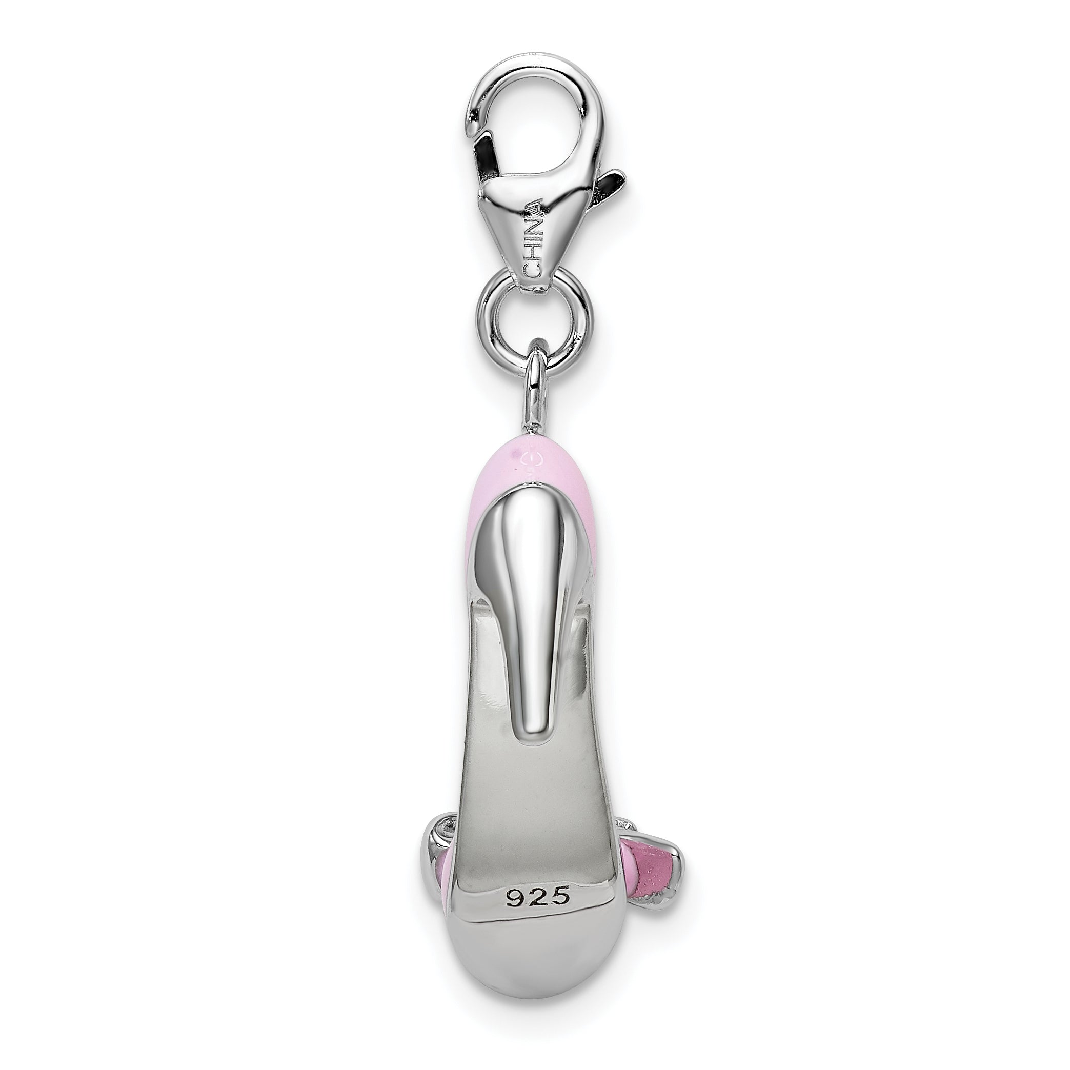 Sterling Silver Amore La Vita Rhodium-Plated Polished 3-D Pink Enameled Bow-Top High Heel Charm With Fancy Lobster Clasp