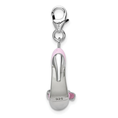 Sterling Silver Amore La Vita Rhodium-Plated Polished 3-D Pink Enameled Bow-Top High Heel Charm With Fancy Lobster Clasp
