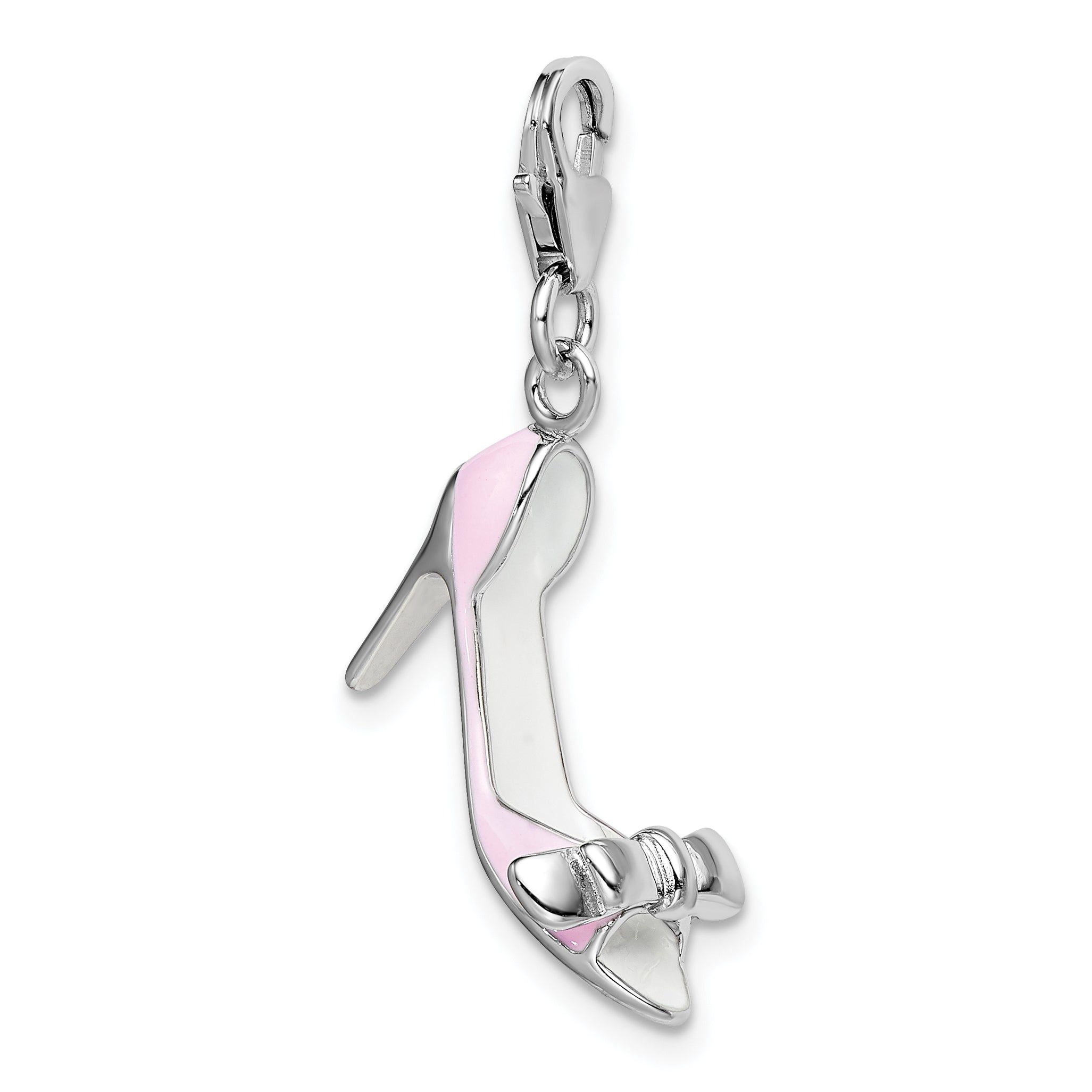 Sterling Silver Amore La Vita Rhodium-Plated Polished 3-D Pink Enameled Bow-Top High Heel Charm With Fancy Lobster Clasp