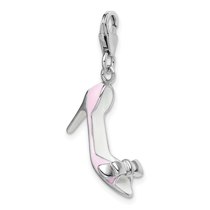 Sterling Silver Amore La Vita Rhodium-Plated Polished 3-D Pink Enameled Bow-Top High Heel Charm With Fancy Lobster Clasp