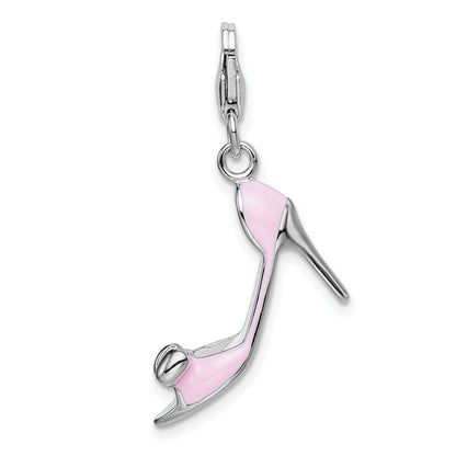 Sterling Silver Amore La Vita Rhodium-Plated Polished 3-D Pink Enameled Bow-Top High Heel Charm With Fancy Lobster Clasp
