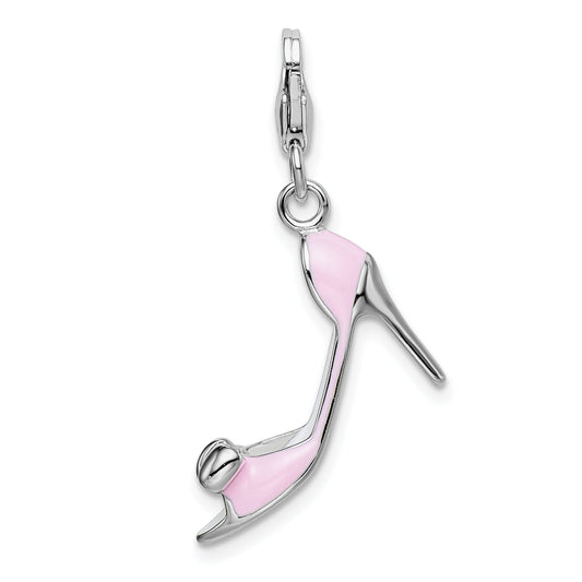 Sterling Silver Amore La Vita Rhodium-Plated Polished 3-D Pink Enameled Bow-Top High Heel Charm With Fancy Lobster Clasp