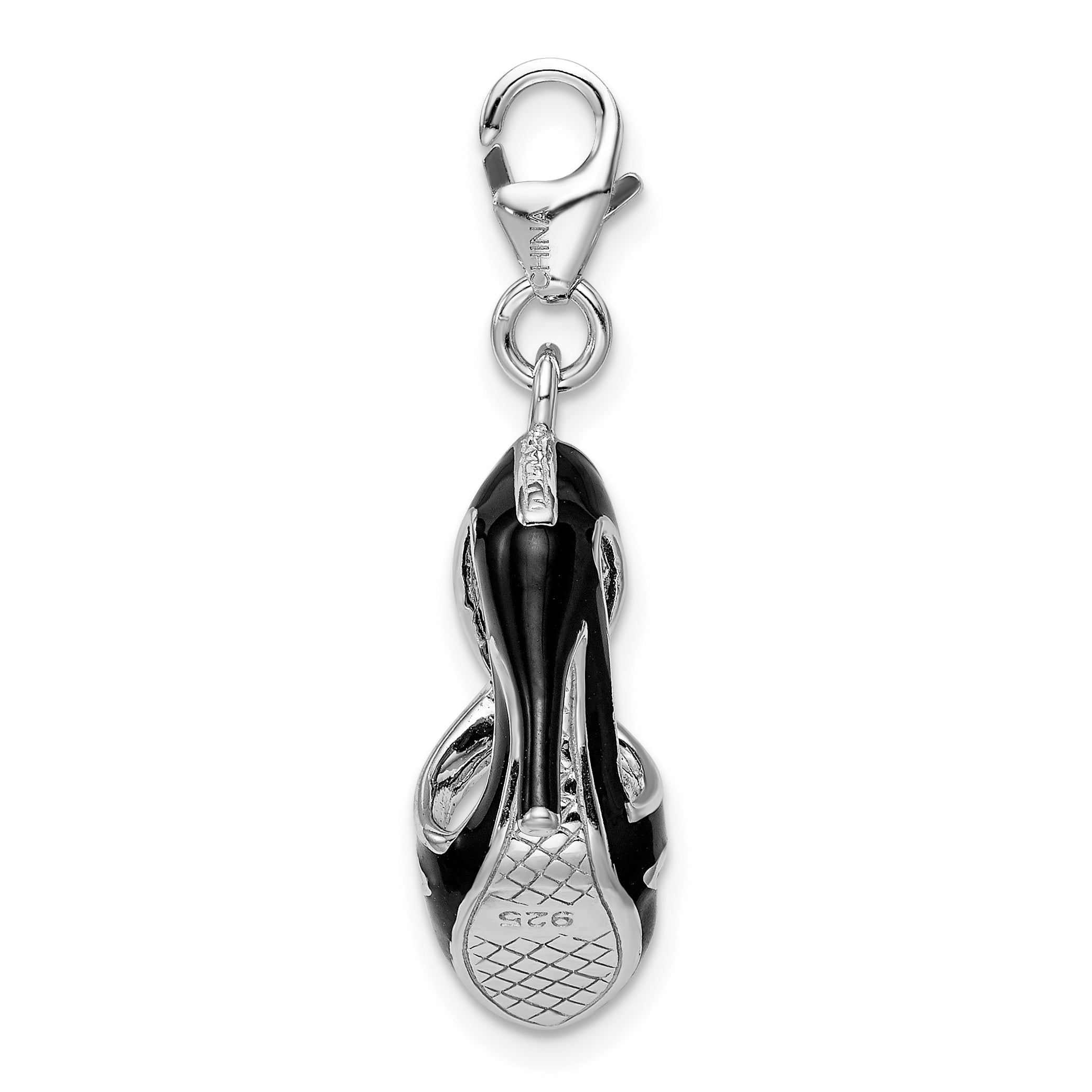 Sterling Silver Amore La Vita Rhodium-Plated Polished 3-D Enameled Black High Heel Charm With Fancy Lobster Clasp