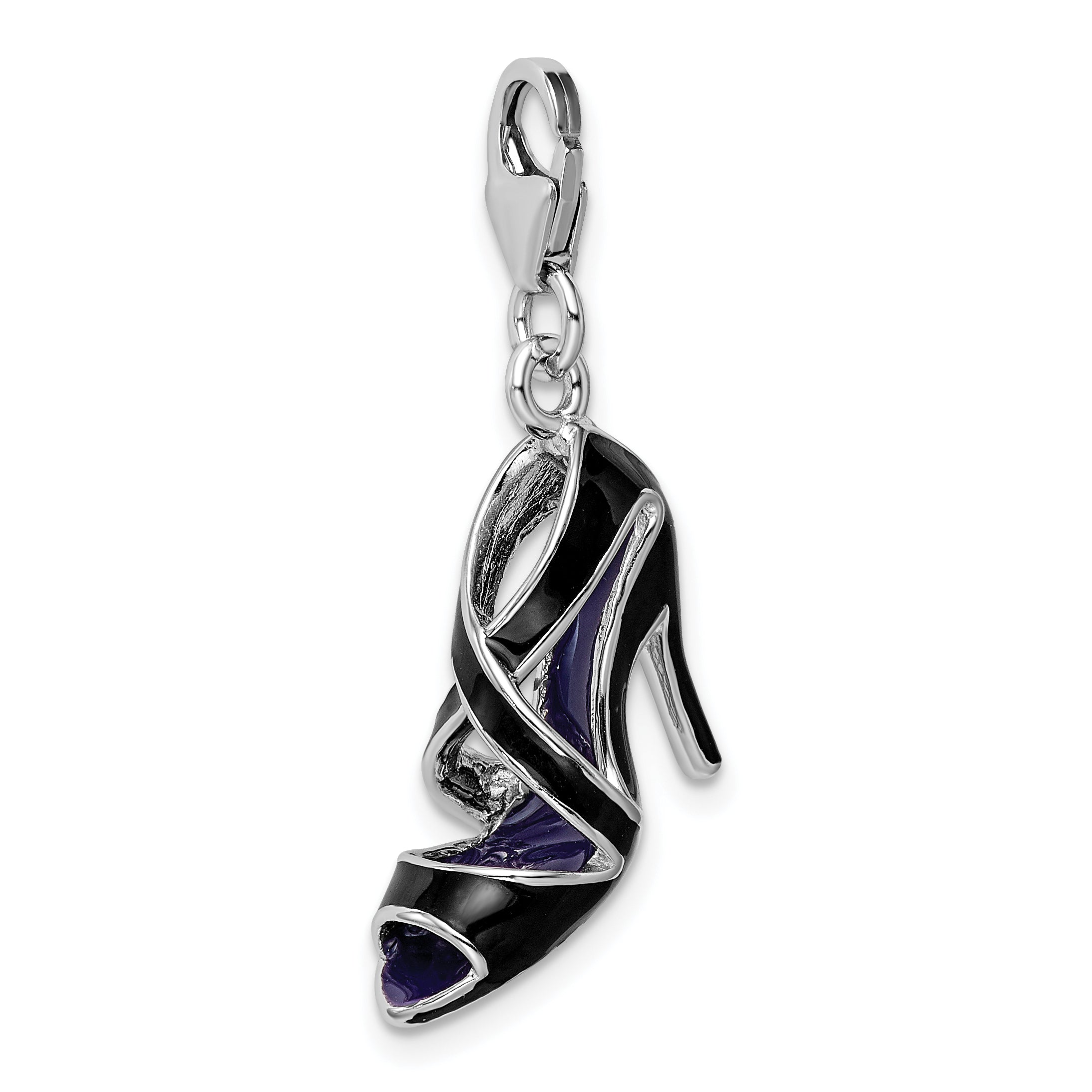 Sterling Silver Amore La Vita Rhodium-Plated Polished 3-D Enameled Black High Heel Charm With Fancy Lobster Clasp