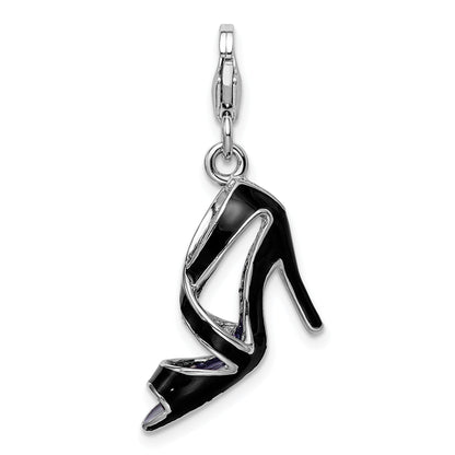 Sterling Silver Amore La Vita Rhodium-Plated Polished 3-D Enameled Black High Heel Charm With Fancy Lobster Clasp