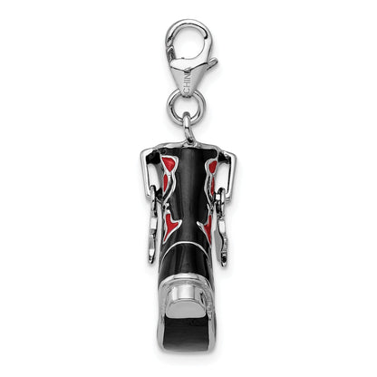 Sterling Silver Amore La Vita Rhodium-Plated Polished 3-D Black Red Enameled Cowboy Boot Charm With Fancy Lobster Clasp