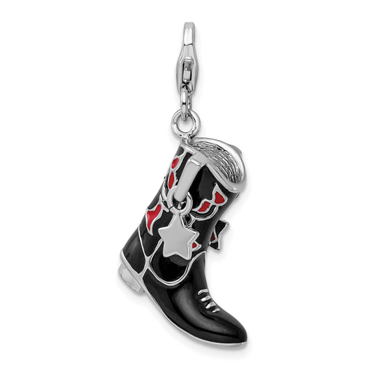 Sterling Silver Amore La Vita Rhodium-Plated Polished 3-D Black Red Enameled Cowboy Boot Charm With Fancy Lobster Clasp