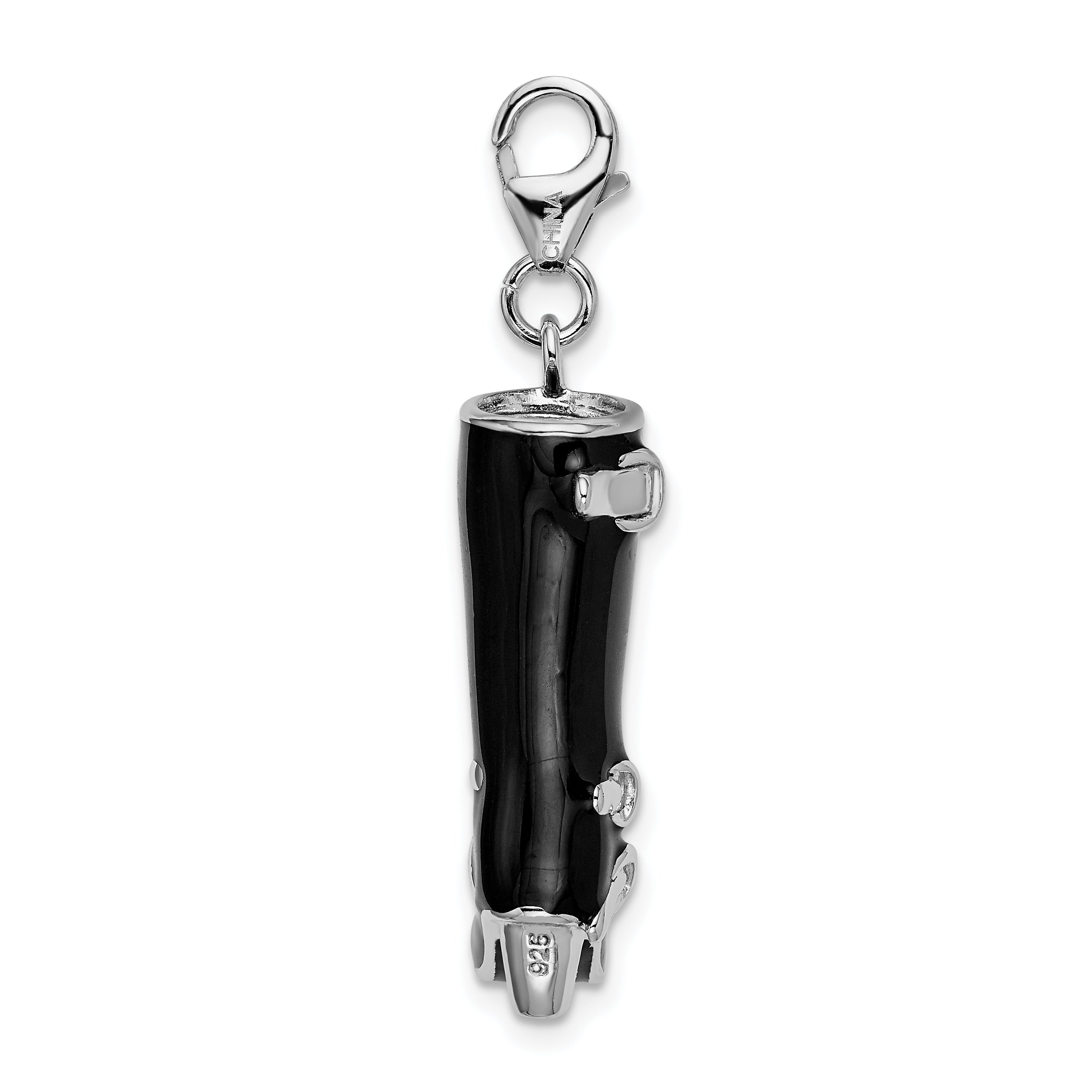 Sterling Silver Amore La Vita Rhodium-Plated Polished 3-D Enameled Buckled Black Boot Charm With Fancy Lobster Clasp