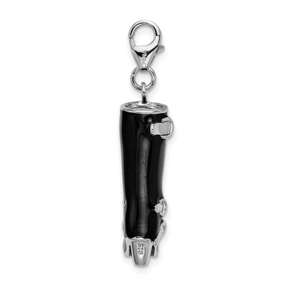 Sterling Silver Amore La Vita Rhodium-Plated Polished 3-D Enameled Buckled Black Boot Charm With Fancy Lobster Clasp