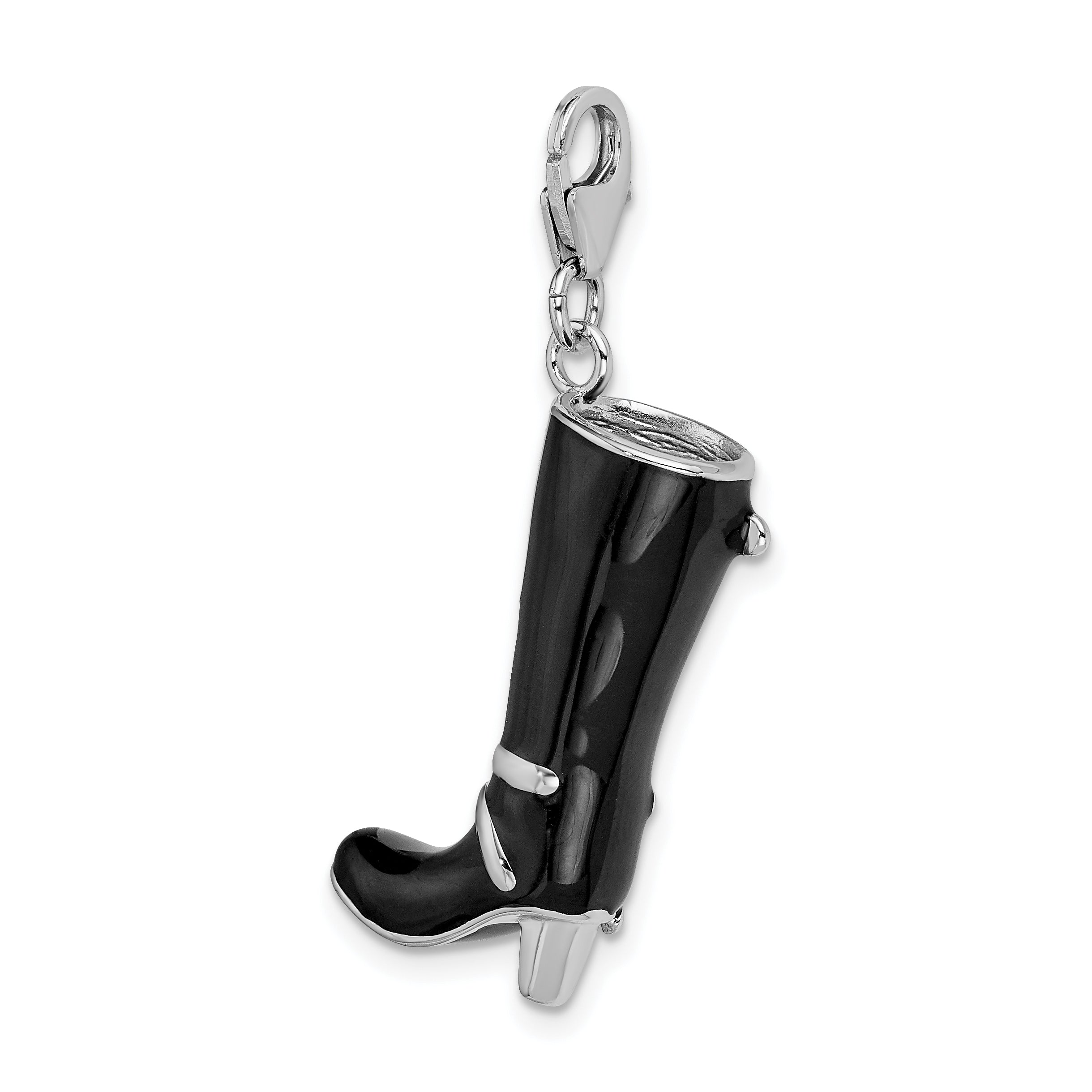 Sterling Silver Amore La Vita Rhodium-Plated Polished 3-D Enameled Buckled Black Boot Charm With Fancy Lobster Clasp