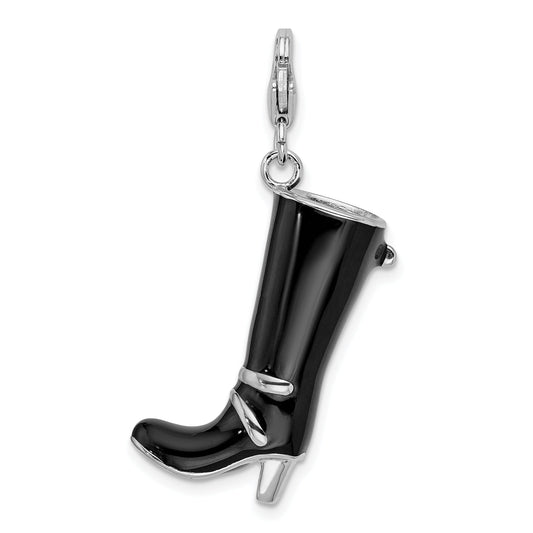 Sterling Silver Amore La Vita Rhodium-Plated Polished 3-D Enameled Buckled Black Boot Charm With Fancy Lobster Clasp