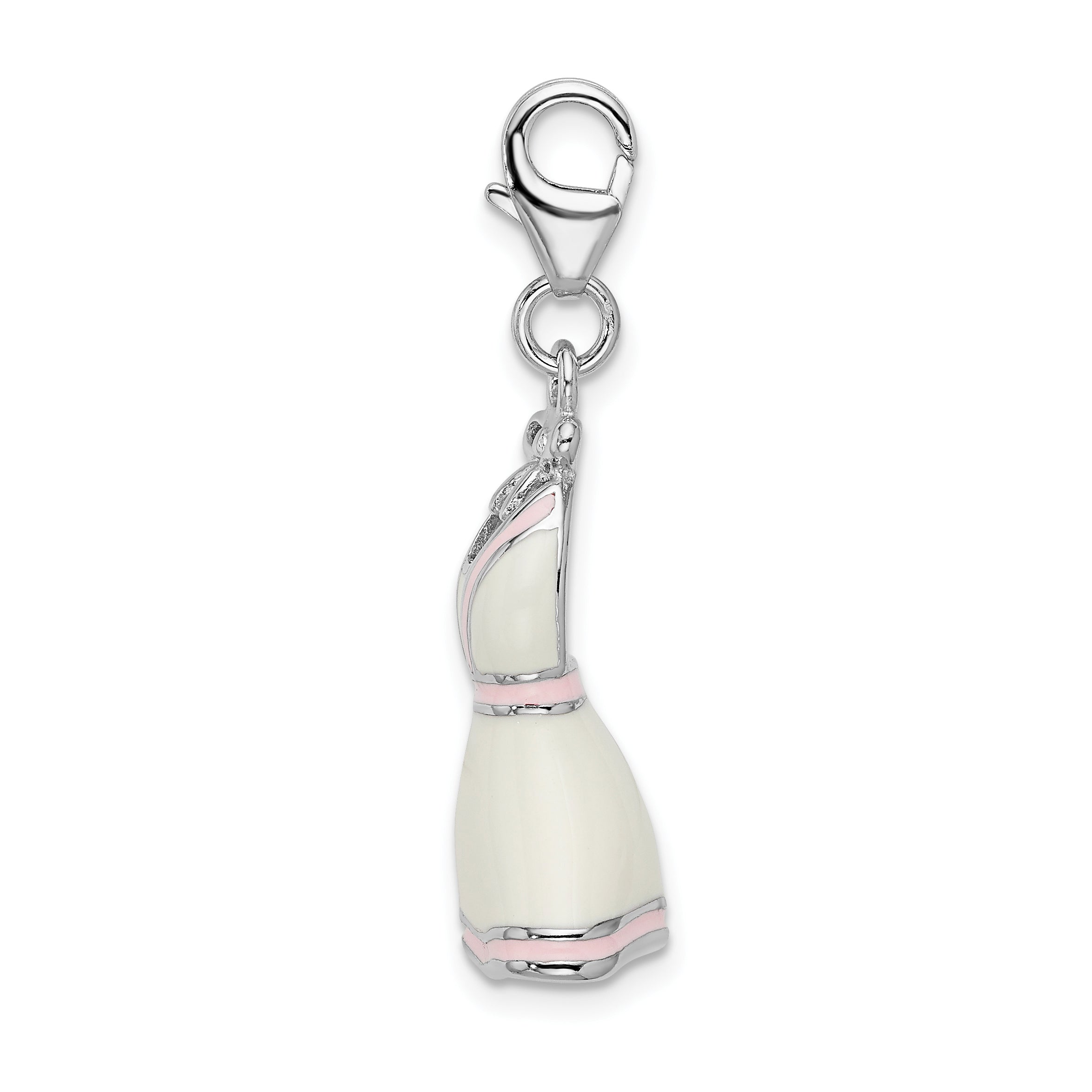 Sterling Silver Amore La Vita Rhodium-Plated Polished 3-D Enameled White Pink Trimmed Dress Charm With Fancy Lobster Clasp