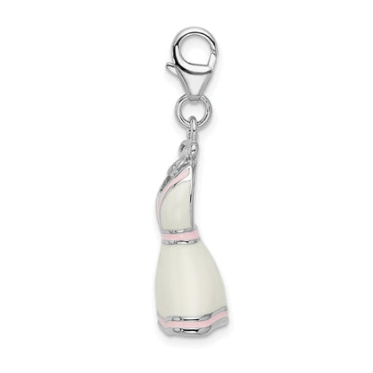 Sterling Silver Amore La Vita Rhodium-Plated Polished 3-D Enameled White Pink Trimmed Dress Charm With Fancy Lobster Clasp
