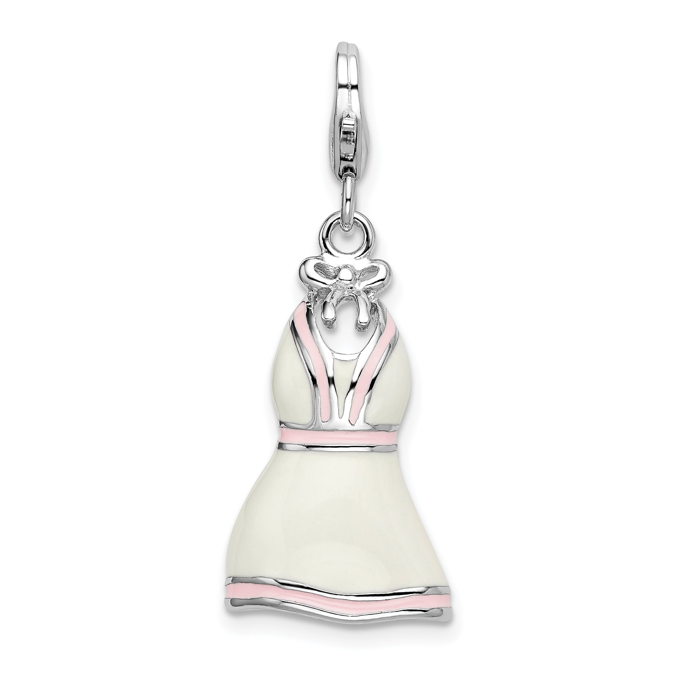 Sterling Silver Amore La Vita Rhodium-Plated Polished 3-D Enameled White Pink Trimmed Dress Charm With Fancy Lobster Clasp