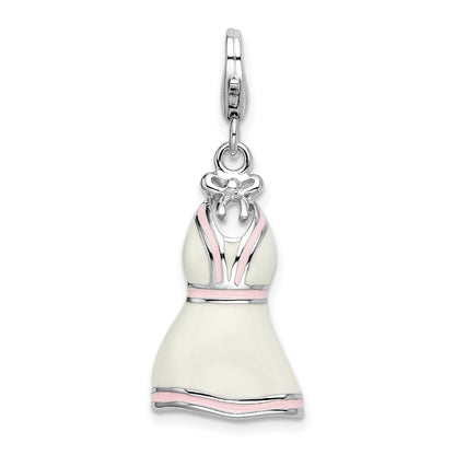 Sterling Silver Amore La Vita Rhodium-Plated Polished 3-D Enameled White Pink Trimmed Dress Charm With Fancy Lobster Clasp