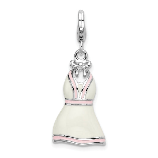 Sterling Silver Amore La Vita Rhodium-Plated Polished 3-D Enameled White Pink Trimmed Dress Charm With Fancy Lobster Clasp