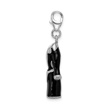 Sterling Silver Amore La Vita Rhodium-Plated Polished 3-D Black Enameled Robe Charm With Fancy Lobster Clasp