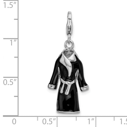 Sterling Silver Amore La Vita Rhodium-Plated Polished 3-D Black Enameled Robe Charm With Fancy Lobster Clasp