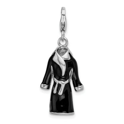 Sterling Silver Amore La Vita Rhodium-Plated Polished 3-D Black Enameled Robe Charm With Fancy Lobster Clasp