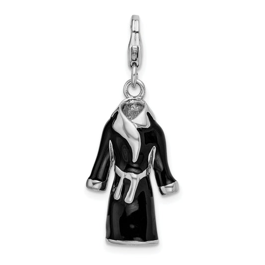 Sterling Silver Amore La Vita Rhodium-Plated Polished 3-D Black Enameled Robe Charm With Fancy Lobster Clasp