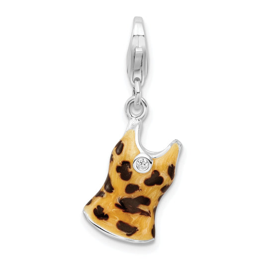Sterling Silver Amore La Vita Rhodium-Plated Polished 3-D Cz Black Yellow Enameled Tank Top Charm With Fancy Lobster Clasp