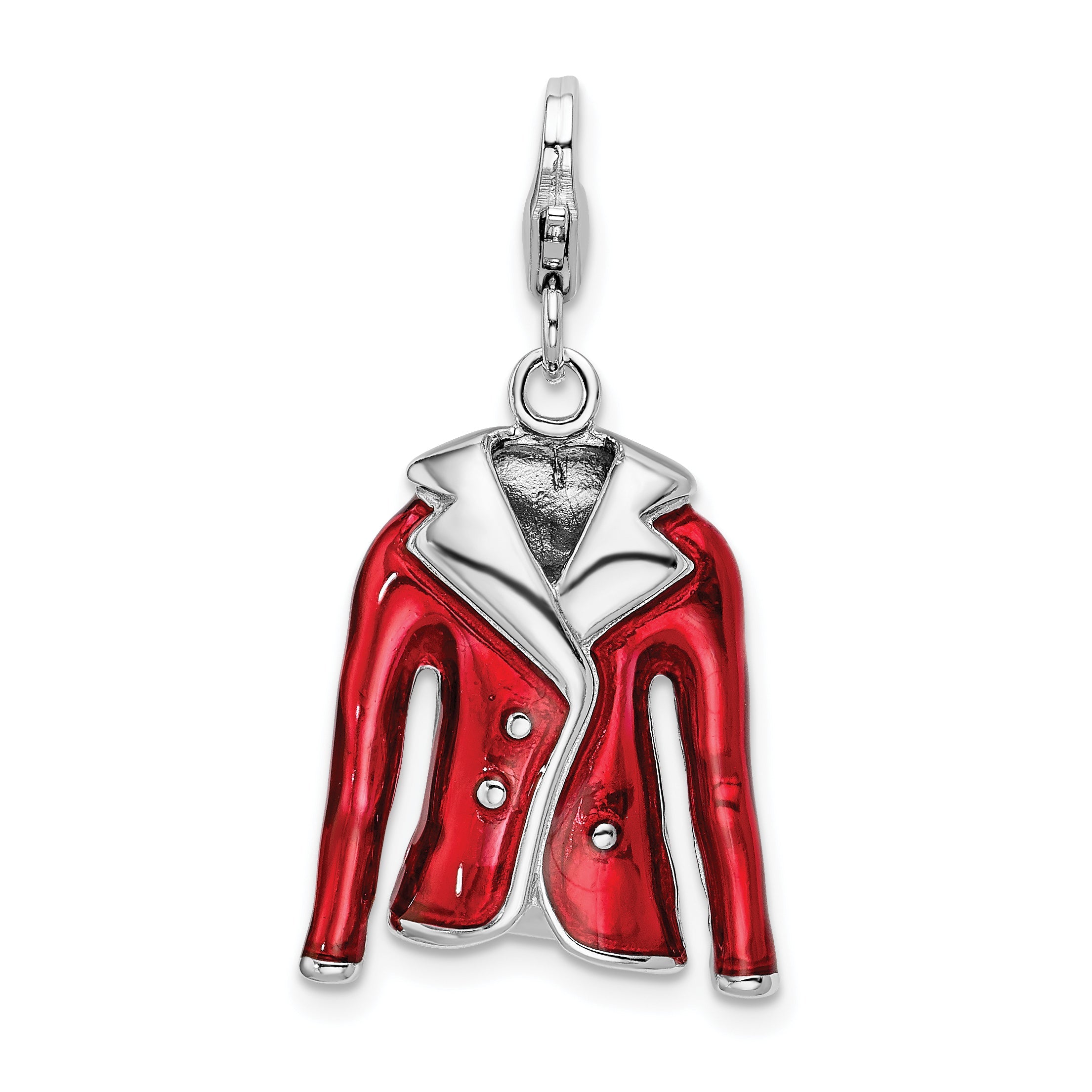 Sterling Silver Amore La Vita Rhodium-Plated Polished 3-D Red Enameled Jacket Charm With Fancy Lobster Clasp