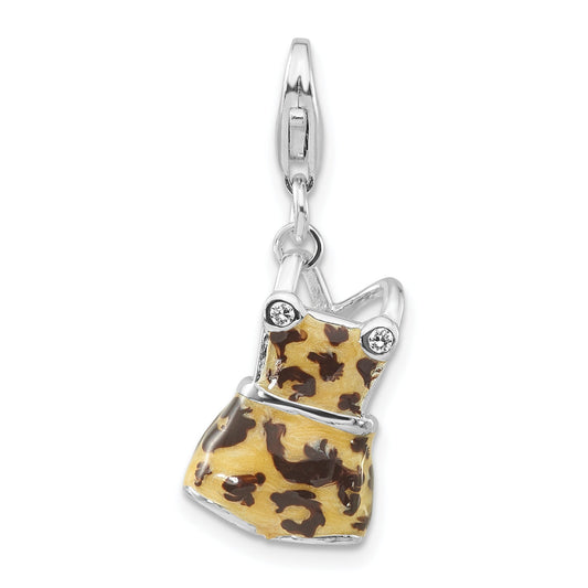 Sterling Silver Polished 3-D Cz Black & Tan Enameled Overalls W/Lobster Clasp Charm